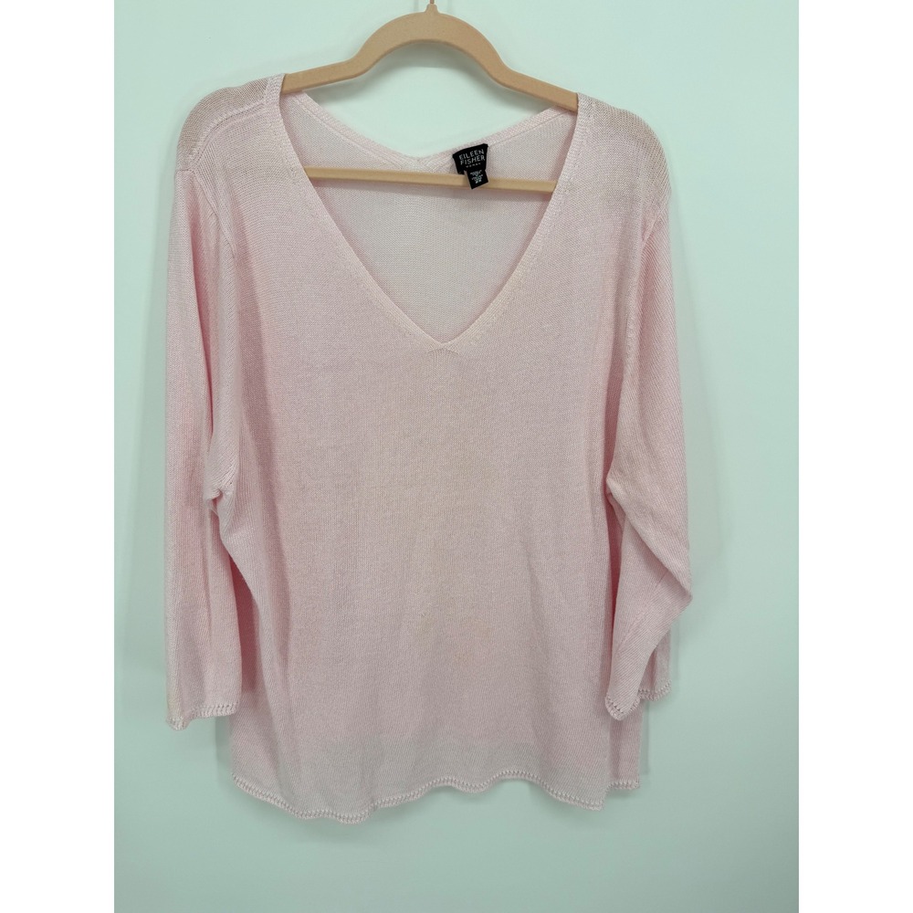 Eileen Fisher Sweater Women 2X Pink Linen Blend V-Neck Openwork Knit Top